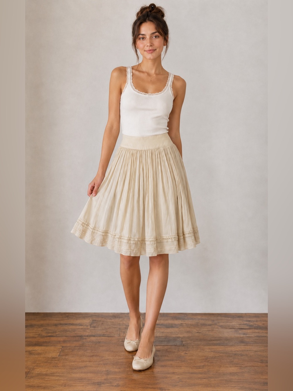 Reba McEntire Champagne Pleated Midi Skirt Boho Tiered Hem Size 6 NWT